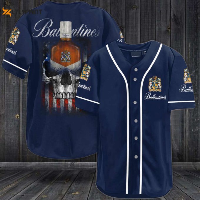 Ballantines Whiskey Usa Flag Skull All Over Print Unisex Baseball Jersey - Navy 1