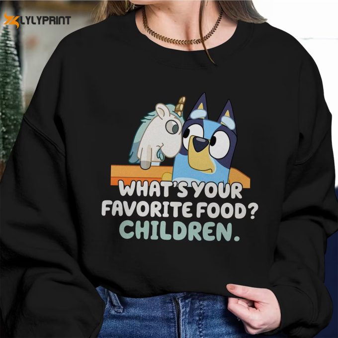 Bluey Unicorse Shirt, Blue Heeler Shirt, Dad Shirt, Mum Shirt, Bandit Shirt, Blue Bingo Shirt Bluey Birthday Party What'S Your Favorite Food 1