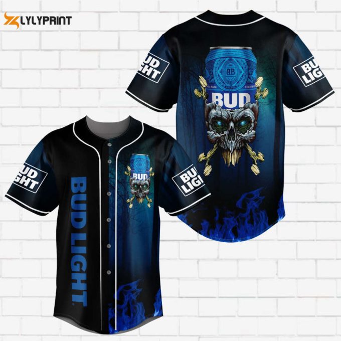 Bud Light Flowery Skull Blue Flame All Over Print Unisex Baseball Jersey 1