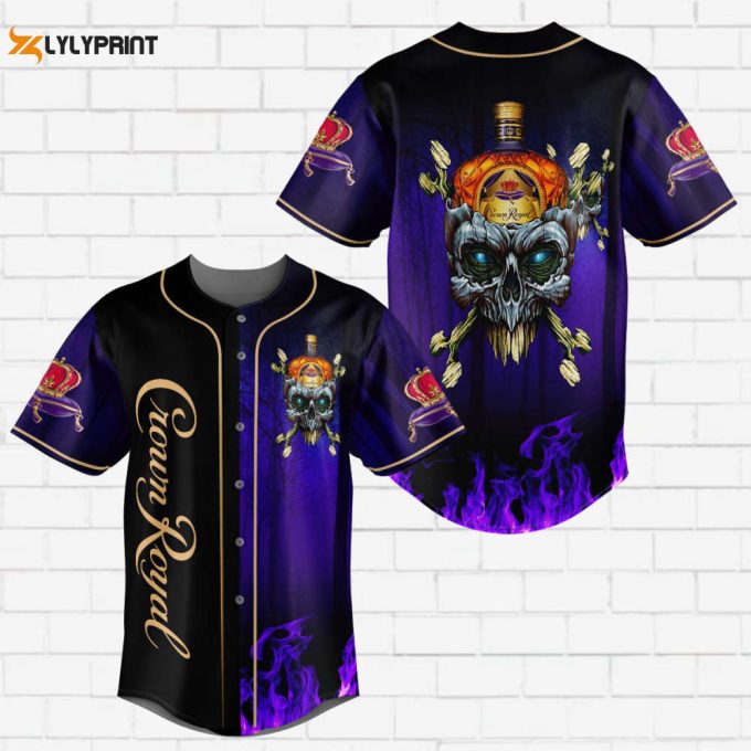 Crown Royal Flowery Skull Flame All Over Print 3D Unisex Baseball Jersey Purple 1