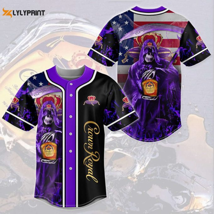 Death Ho Crown Royal Usa Flag Flame All Over Print 3D Unisex Baseball Jersey Purple 1