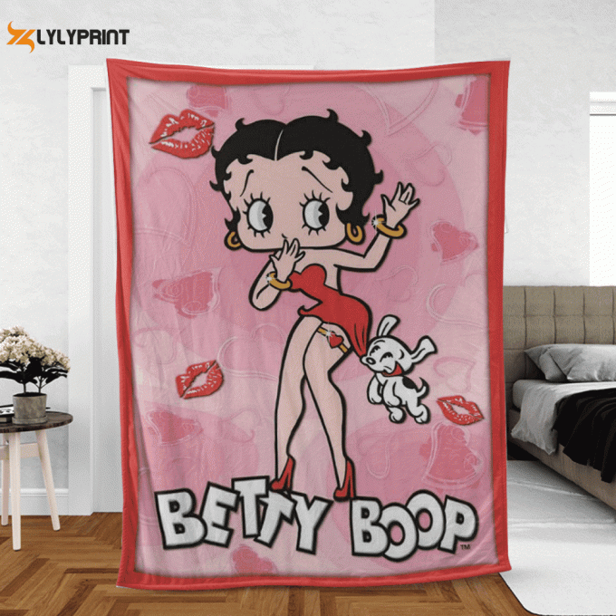 Happy Valentines Day Betty Boop Kiss Love Sherpa Fleece Quilt Blanket Bl1656, Gift For Fan Home Decor, Gift For Fan Home Decor 1