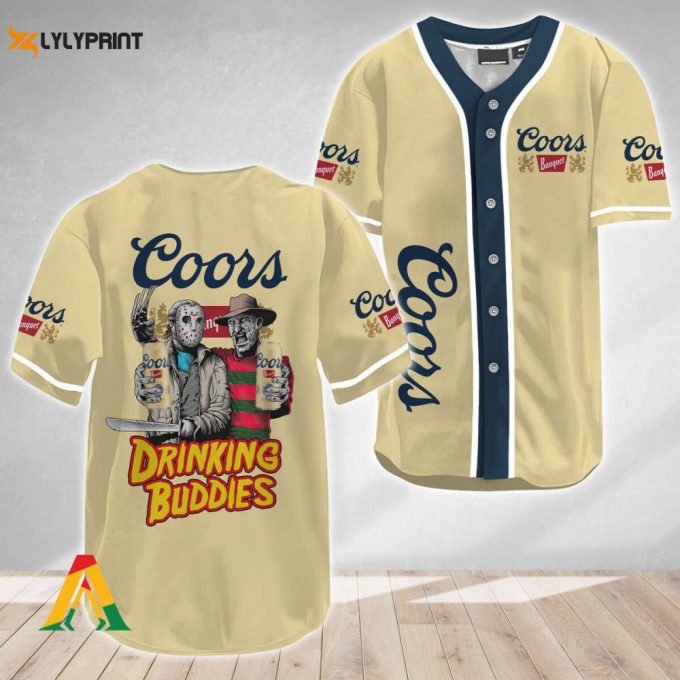 Horror Freddy &Amp;Amp; Jason Drinking Buddies Coors Banquet Baseball Jersey 1