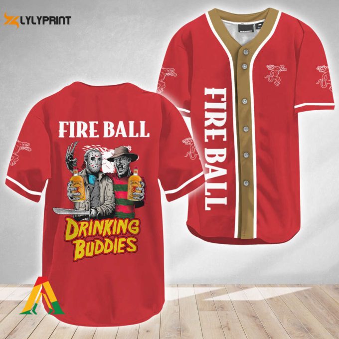 Horror Freddy &Amp;Amp; Jason Drinking Buddies Fireball Baseball Jersey 1