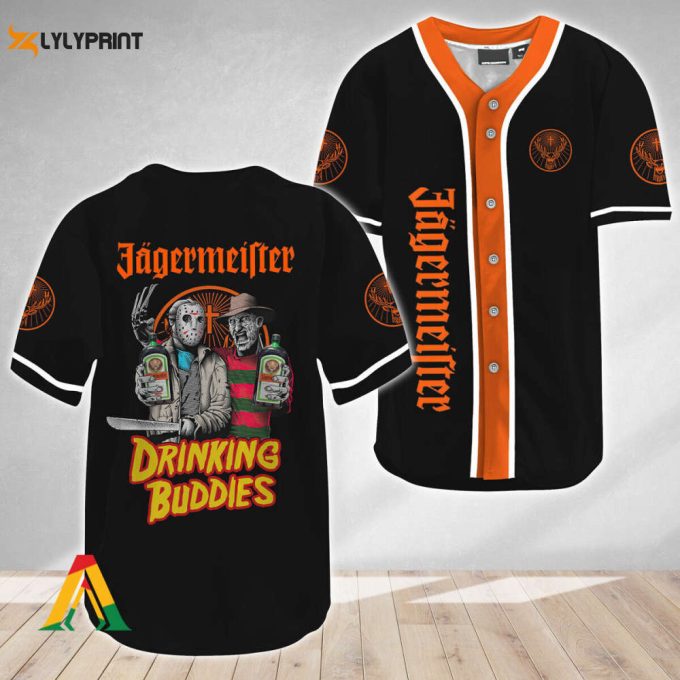 Horror Freddy &Amp;Amp; Jason Drinking Buddies Jagermeister Baseball Jersey 1