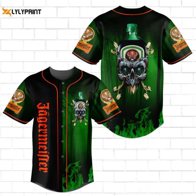 Jagermeister Skull Green Flame All Over Print Unisex Baseball Jersey Green 1