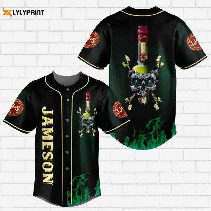 Jameson Irish Whiskey Flowery Skull All Over Print Unisex Baseball Jersey - Ombre Black Green 1