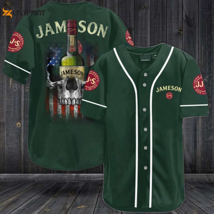 Jameson Irish Whiskey Usa Flag Skull All Over Print 3D Unisex Baseball Jersey - Dark Green 1