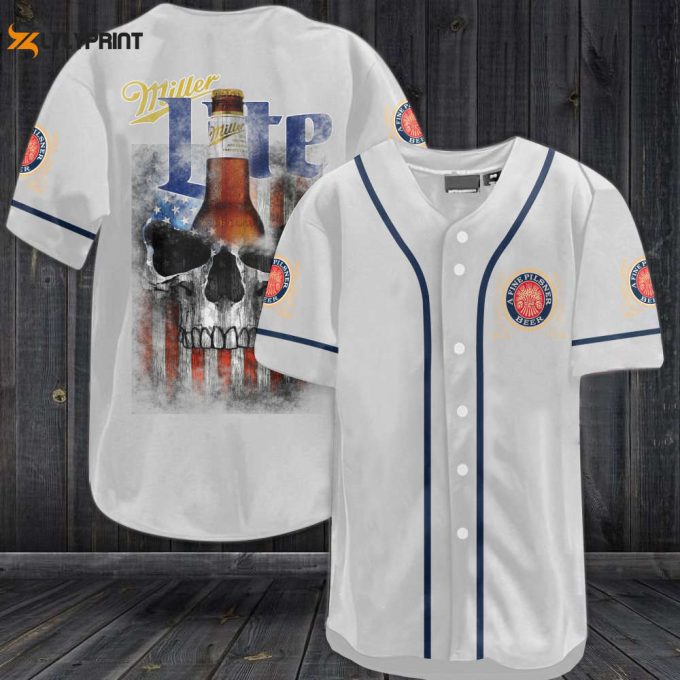 Miller Lite Skull Usa Flag All Over Print Unisex Baseball Jersey 1