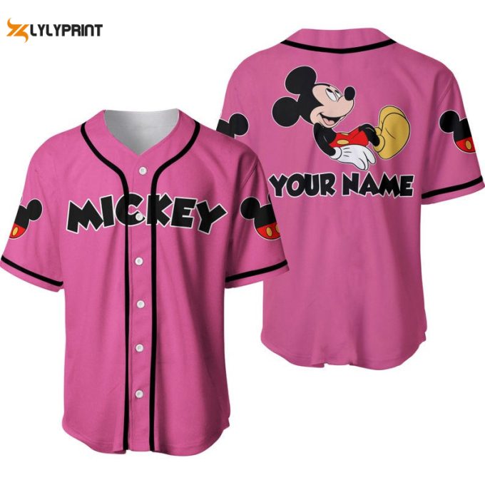 Personalized Chilling Mickey Mouse Disney All Over Print Baseball Jersey - Pink 1