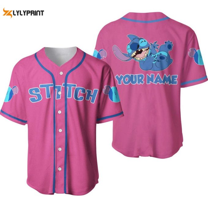 Personalized Happy Stitch Disney All Over Print Baseball Jersey - Pink 1