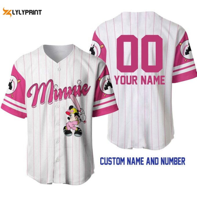 Personalized Minnie Mouse All Over Print Pinstripe Baseball Jersey 1