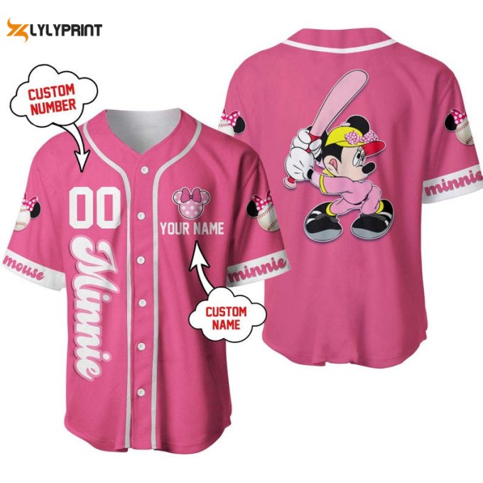 Personalized Minnie Mouse Playing Baseball All Over Print Baseball Jersey - Pink 1