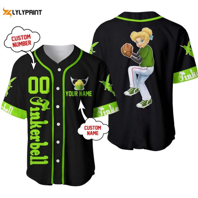 Personalized Tinker Bell Playing Baseball All Over Print Baseball Jersey 1