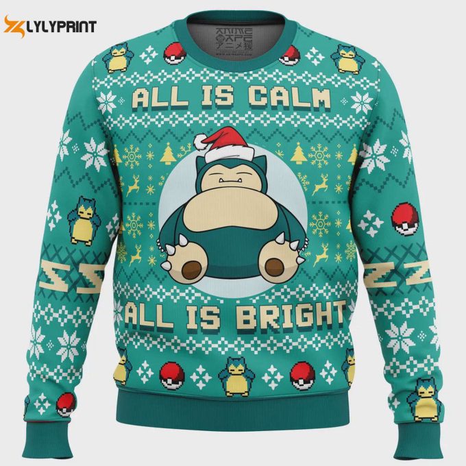 All Is Calm All Bright Snorlax Pokemon Ugly Christmas Sweater - Festive Holiday Apparel For Pokemon Fans! 1