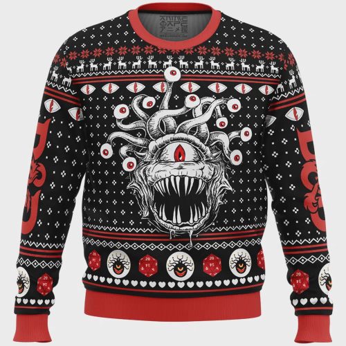 Get Festive with the Beholder Dungeons and Dragons Ugly Christmas Sweater – Unique Holiday Attire