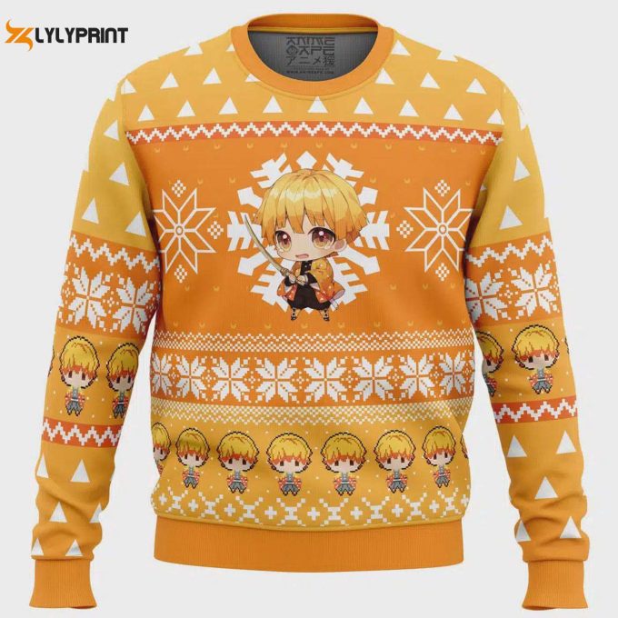 Get Festive With Chibi Christmas Zenitsu Agatsuma Ugly Sweater – Perfect For Demon Slayer Fans!