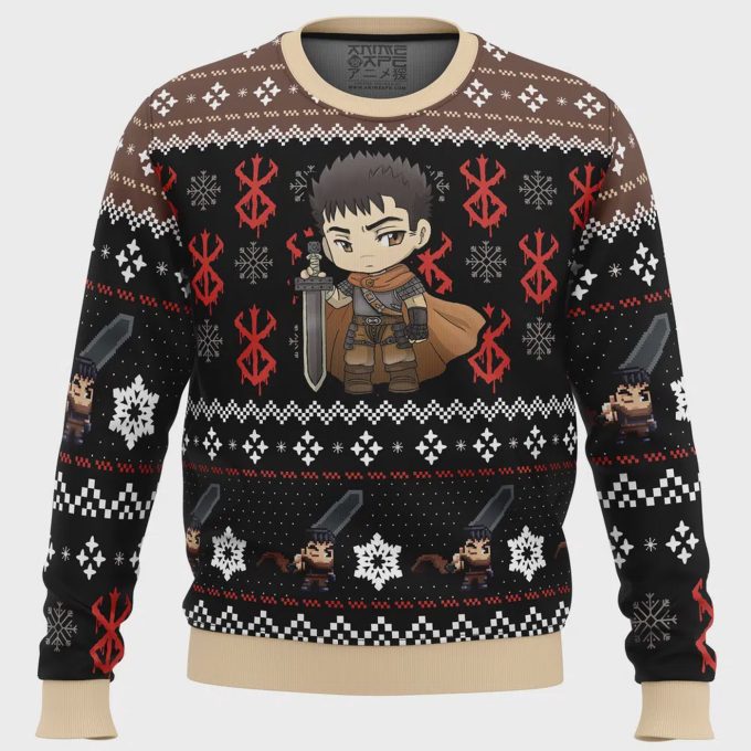 Get Festive With Chibi Guts Berserk Ugly Christmas Sweater – Perfect For Anime Fans!