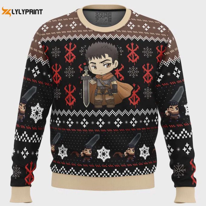 Get Festive With Chibi Guts Berserk Ugly Christmas Sweater – Perfect For Anime Fans!