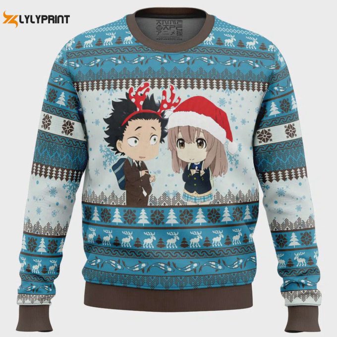 Get Festive With Christmas Couple A Silent Voice Ugly Christmas Sweater – Perfect Holiday Attire!