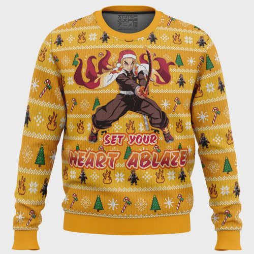 Get Festive with Heart Ablaze Rengoku Demon Slayer Christmas Sweater – Perfect for Anime Lovers!