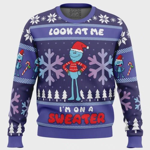 Get Festive with the Look at Me Mr Meeseeks Ugly Christmas Sweater – Perfect for Holiday Parties!