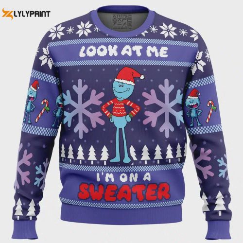 Get Festive with the Look at Me Mr Meeseeks Ugly Christmas Sweater – Perfect for Holiday Parties!