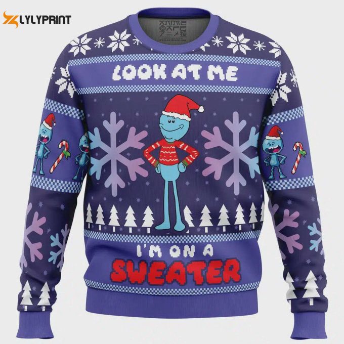 Get Festive With The Look At Me Mr Meeseeks Ugly Christmas Sweater – Perfect For Holiday Parties!