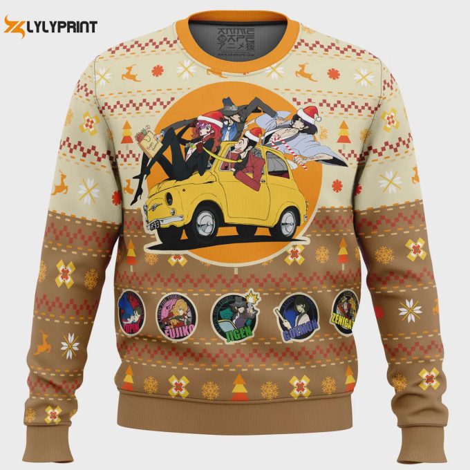 Lupin The 3Rd Happy Trip Ugly Christmas Sweater – Festive Anime Inspired Apparel For A Memorable Holiday Season