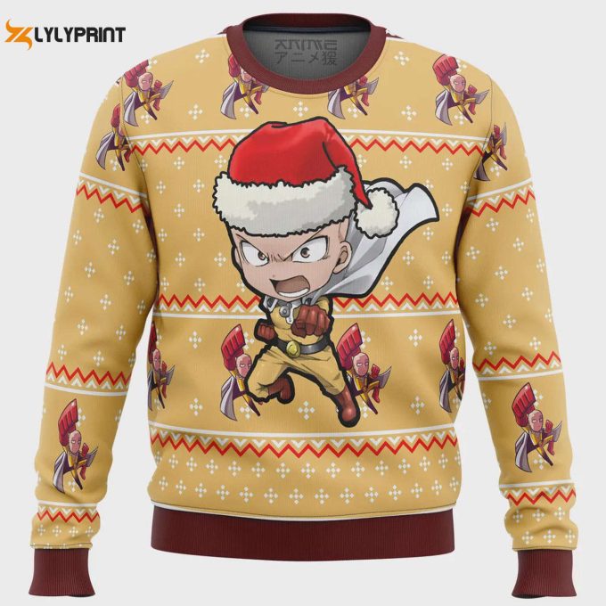 Get Festive With One Punch Chibi Saitama Ugly Christmas Sweater – Perfect Holiday Gift!