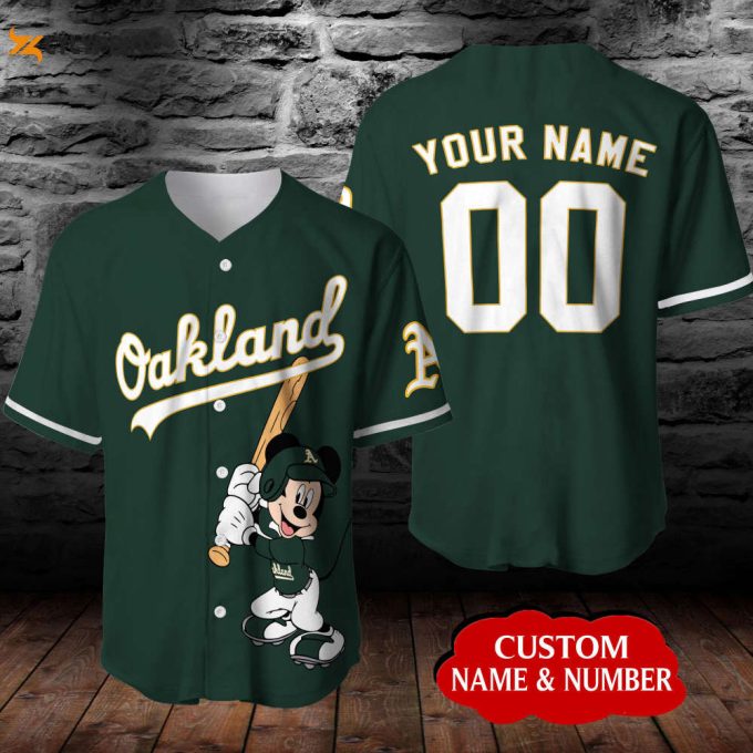 Personalized Oakland Athletics Mickey Mouse Baseball Jersey - Dark Green 1