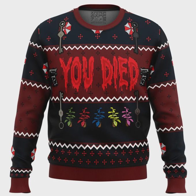 Spooky Resident Evil You Died Ugly Christmas Sweater – Perfect Holiday Gift For Gamers And Horror Fans