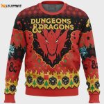 Get Festive with the Ruby Dragon Dungeons & Dragons Ugly Christmas Sweater – Perfect for Gamers!