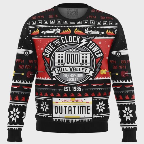 Get Festive with the Save the Clock Tower Back to the Future Ugly Christmas Sweater