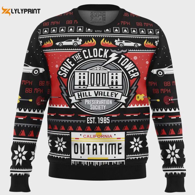 Get Festive With The Save The Clock Tower Back To The Future Ugly Christmas Sweater 1