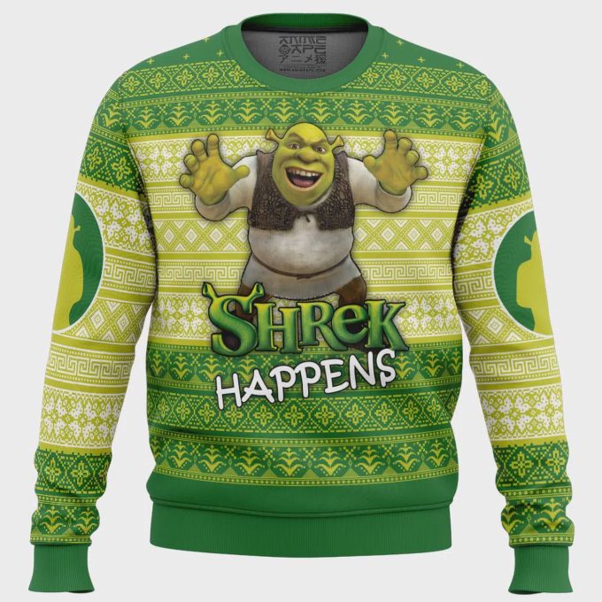 Get Festive With Shrek Happens Ugly Christmas Sweater - Perfect Holiday Gift For Fans Of The Beloved Ogre! 2