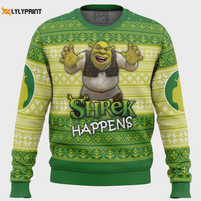 Get Festive With Shrek Happens Ugly Christmas Sweater - Perfect Holiday Gift For Fans Of The Beloved Ogre! 1