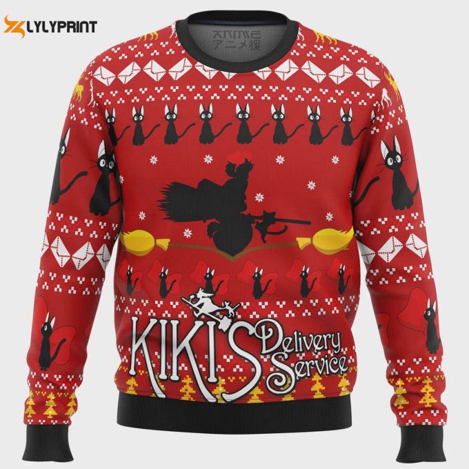 Get Festive With Silhouette Kiki’s Delivery Service Ugly Christmas Sweater – Perfect For Anime Fans!