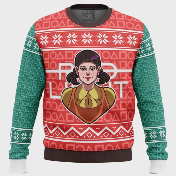 Squid Game Red Light Green Light Doll Ugly Christmas Sweater – Festive &Amp; Unique Game Themed Apparel