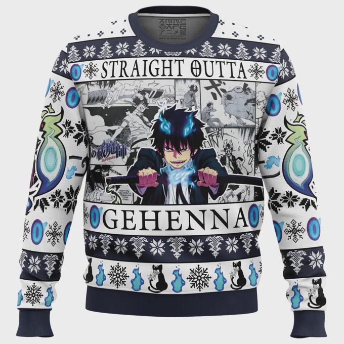 Get Festive With The Straight Outta Gehenna Blue Exorcist Ugly Christmas Sweater - Limited Edition Fun! 2