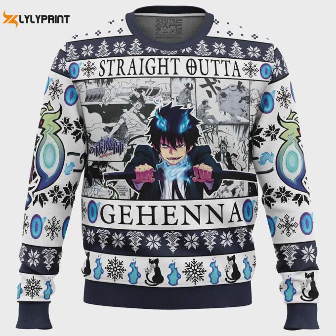 Get Festive With The Straight Outta Gehenna Blue Exorcist Ugly Christmas Sweater - Limited Edition Fun! 1