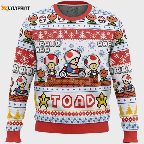 Get Festive with the Toad Mario Bros Ugly Christmas Sweater – Perfect for Gaming Enthusiasts!