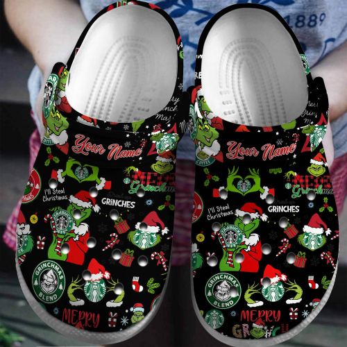Custom Grinch & Starbucks Coffee Christmas Clogs – Festive Black Clogs for Kids & Adults