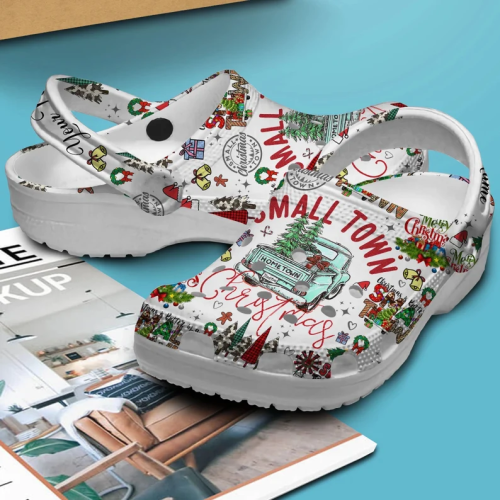 Custom White Clogs: Beautiful Christmas Small Town Design for Kids & Adults