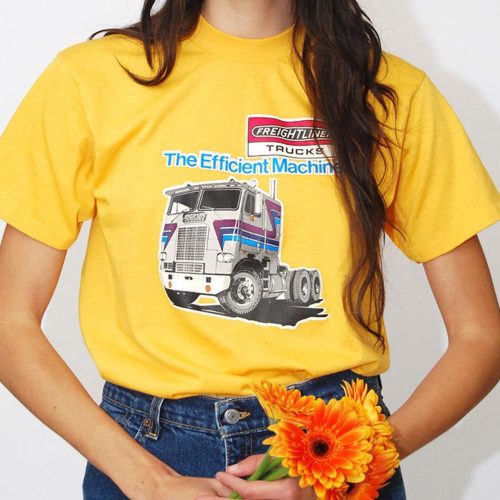 Vintage 70S Freightliner T-Shirt: Yellow Truck Velva Sheen Made in USA – Longhaul Car Drive Gold Boho Hippy Rocker