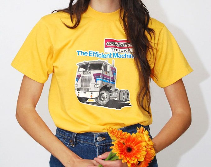 Vintage 70S Freightliner T-Shirt: Yellow Truck Velva Sheen Made In Usa – Longhaul Car Drive Gold Boho Hippy Rocker