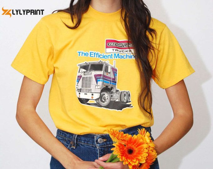 Vintage 70S Freightliner T-Shirt: Yellow Truck Velva Sheen Made In Usa – Longhaul Car Drive Gold Boho Hippy Rocker