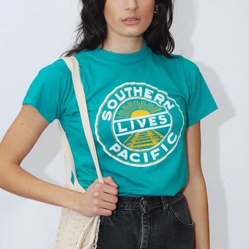 Vintage 80S Southern Pacific T-Shirt: Teal Top Single Stitch Made In USA – 50 Fifty Sp Rail Yard Line Train Hop 90S Graphic