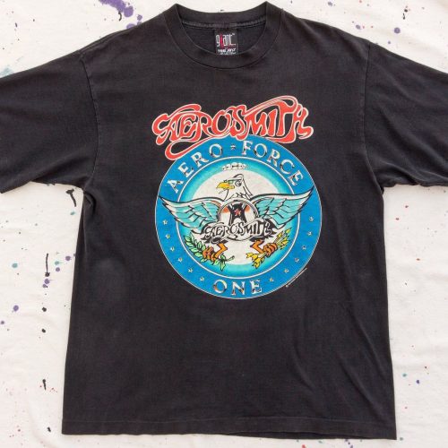 90s Vintage Aerosmith Aero Force One Tour T-Shirt Faded Black Single Stitch Overd Band