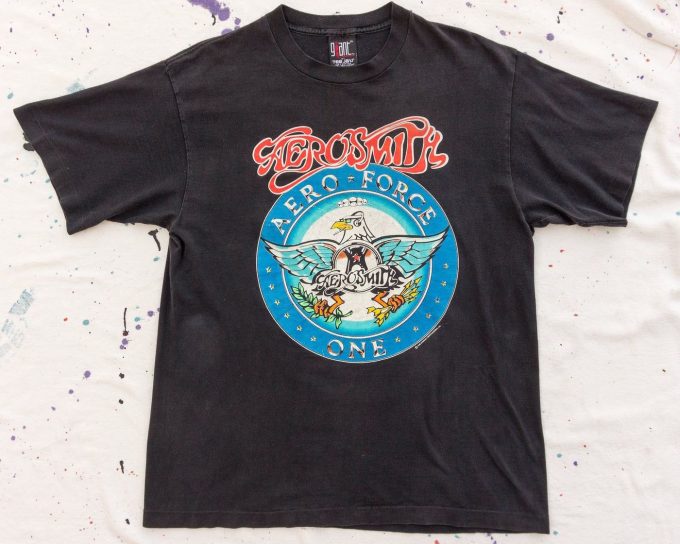 90S Vintage Aerosmith Aero Force One Tour T-Shirt Faded Black Single Stitch Overd Band